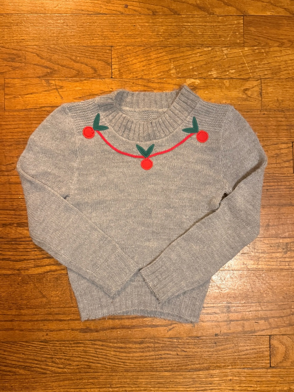 70s Gray Kids Crewneck Sweater with Red Cherry Embroidery